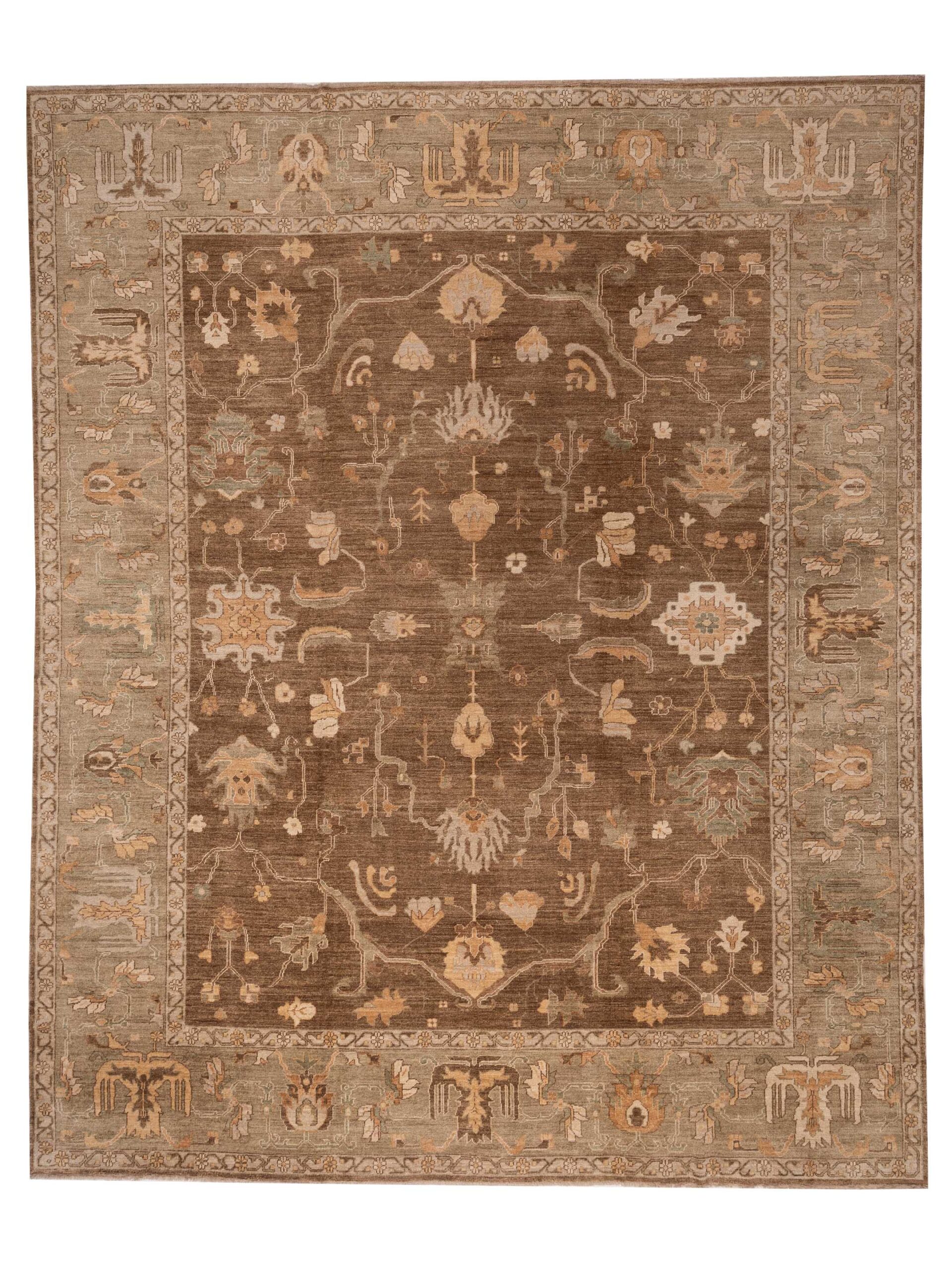 Turkish Oushak Brown Green 14.3x17.3 Hand Knotted Rug