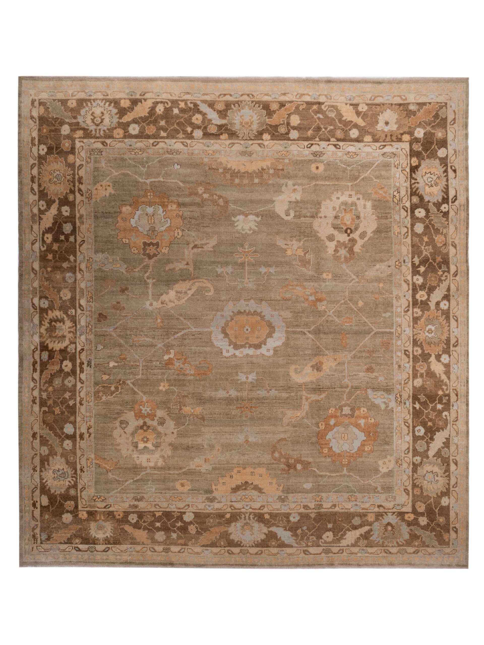 Turkish Oushak Green Brown 12.2x13 Hand Knotted Rug