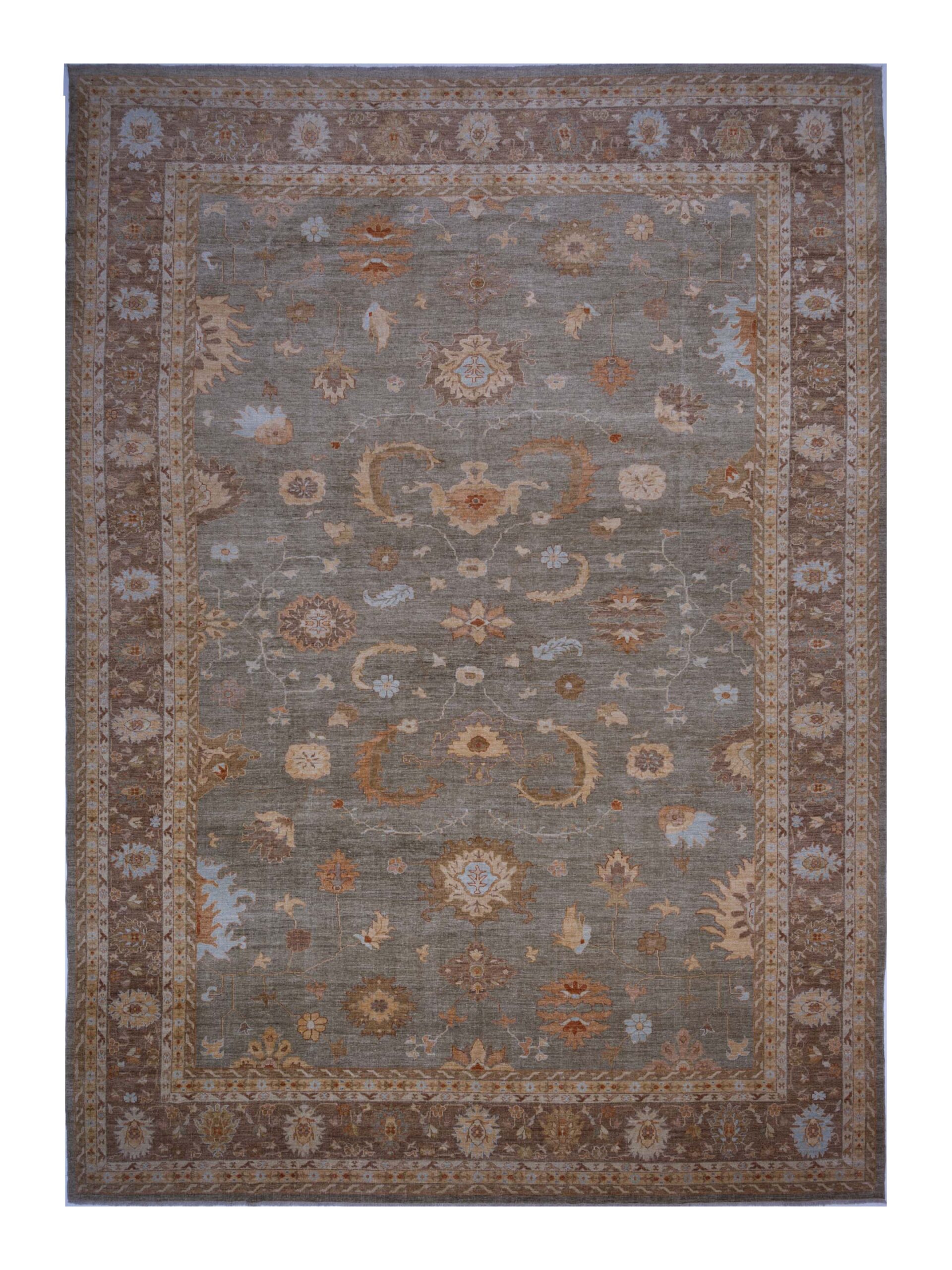 Turkish Oushak Green Brown 14.8x20.8 Hand Knotted Rug