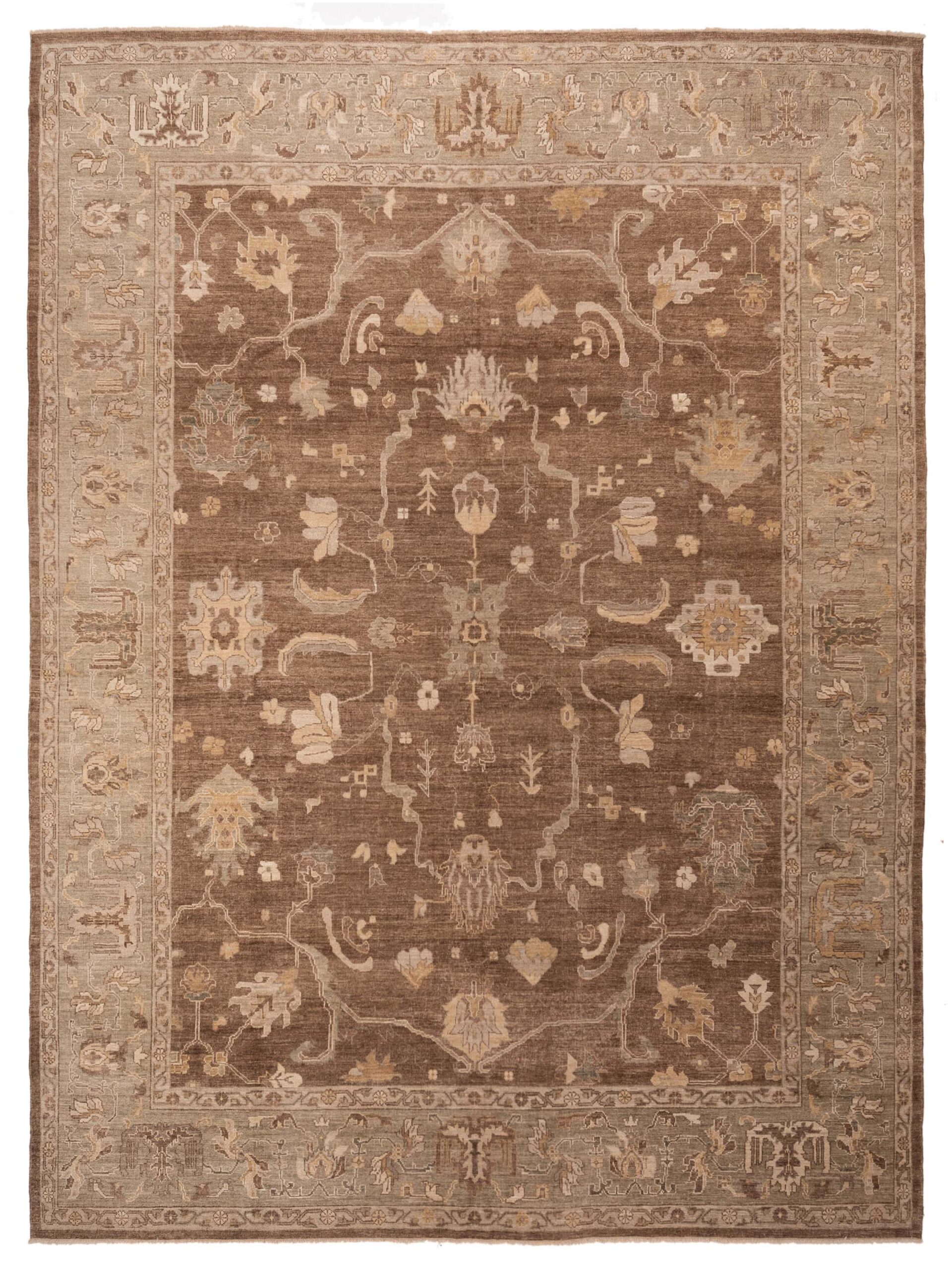 Turkish Oushak Brown Green 13.2x16.2 Hand Knotted Rug