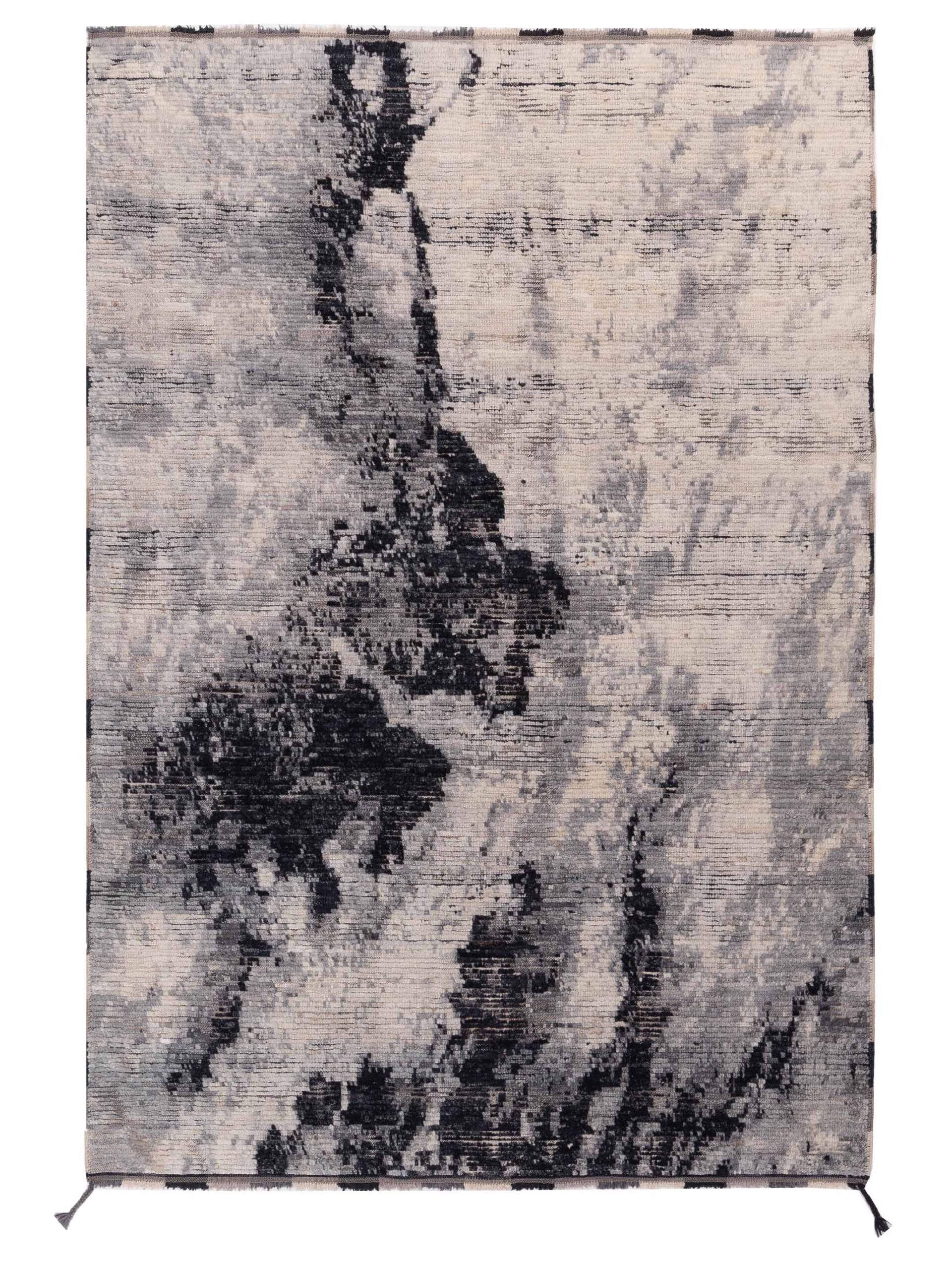 Contemporary Ivory Black 5.11x8.8 Hand Knotted Rug